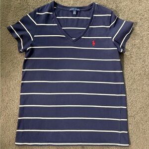 Ralph Lauren Navy & White Striped V-Neck Tee with Red Pony